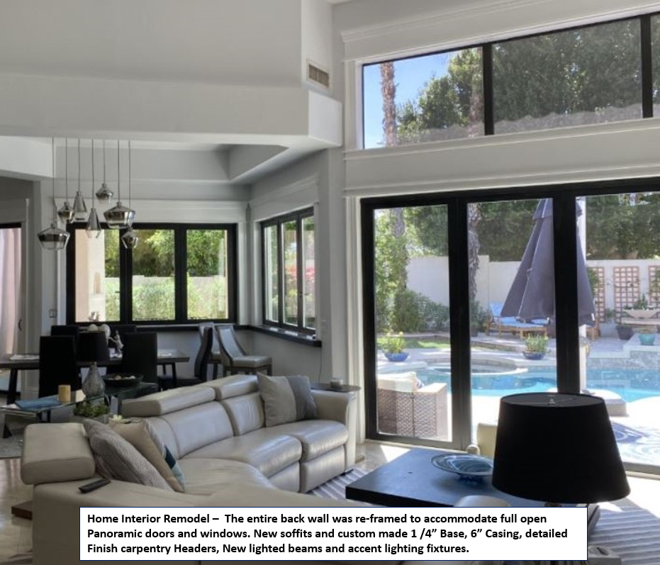 Home interior remodel with panoramic doors, windows, custom soffits, lighted beams and accent lighting